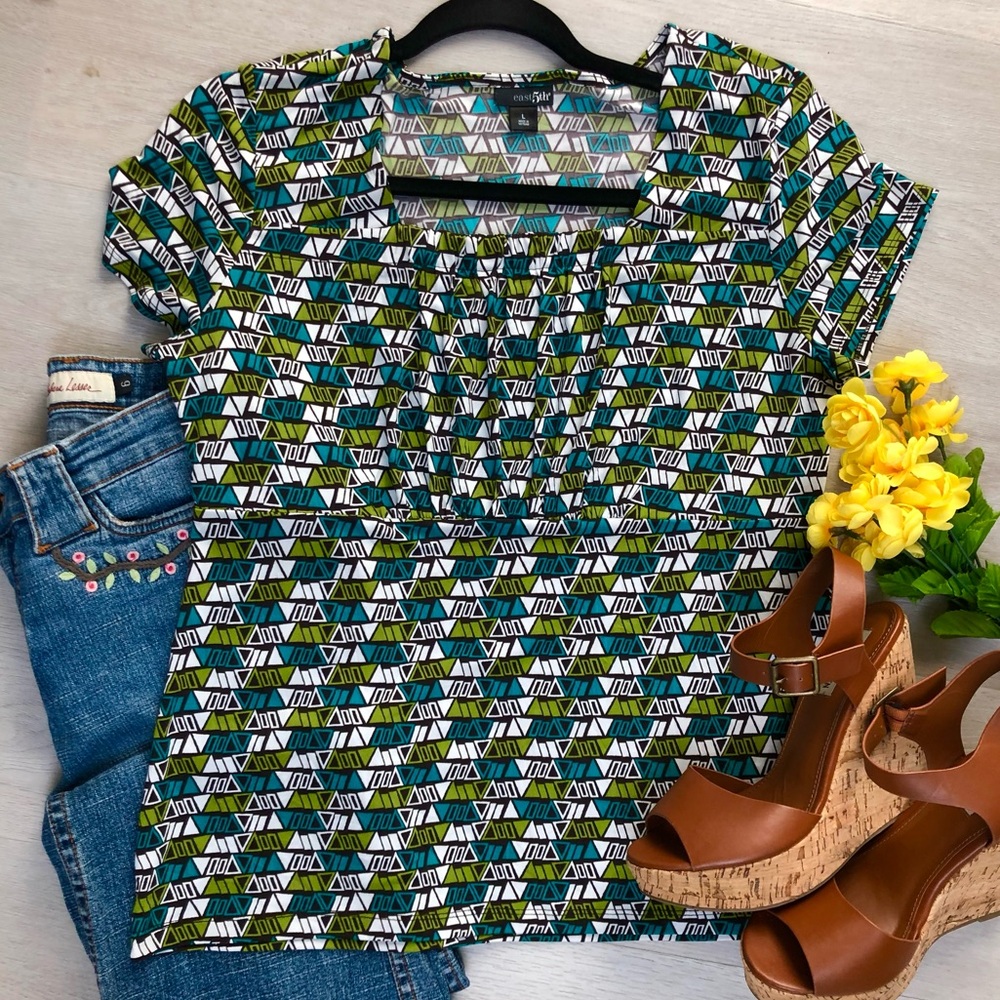 East 5th Chartreuse Teal Empire Front Short Sleeve Top Size Large